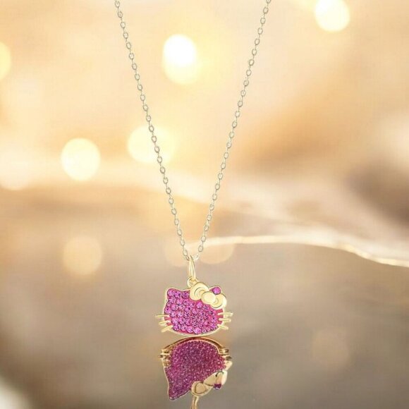Hello Kitty Pendant Necklace ✦ 925 Silver Fuchsia Swarovski ✦ Gold Chain NWT - Picture 4 of 14